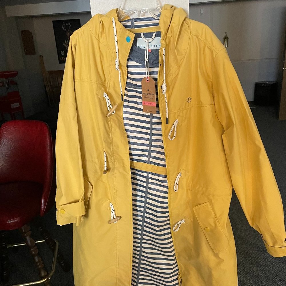 NWT Women's yellow hooded raincoat jacket navy/white stripe lining nautical